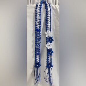 Handmade Blue and White Ribbon Lei with Flower Accents